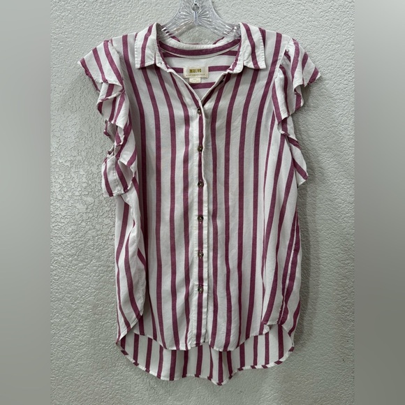 Anthropologie Maeve Fairhope Striped Button Down Ruffle Sleeve Blouse Top - Picture 2 of 6